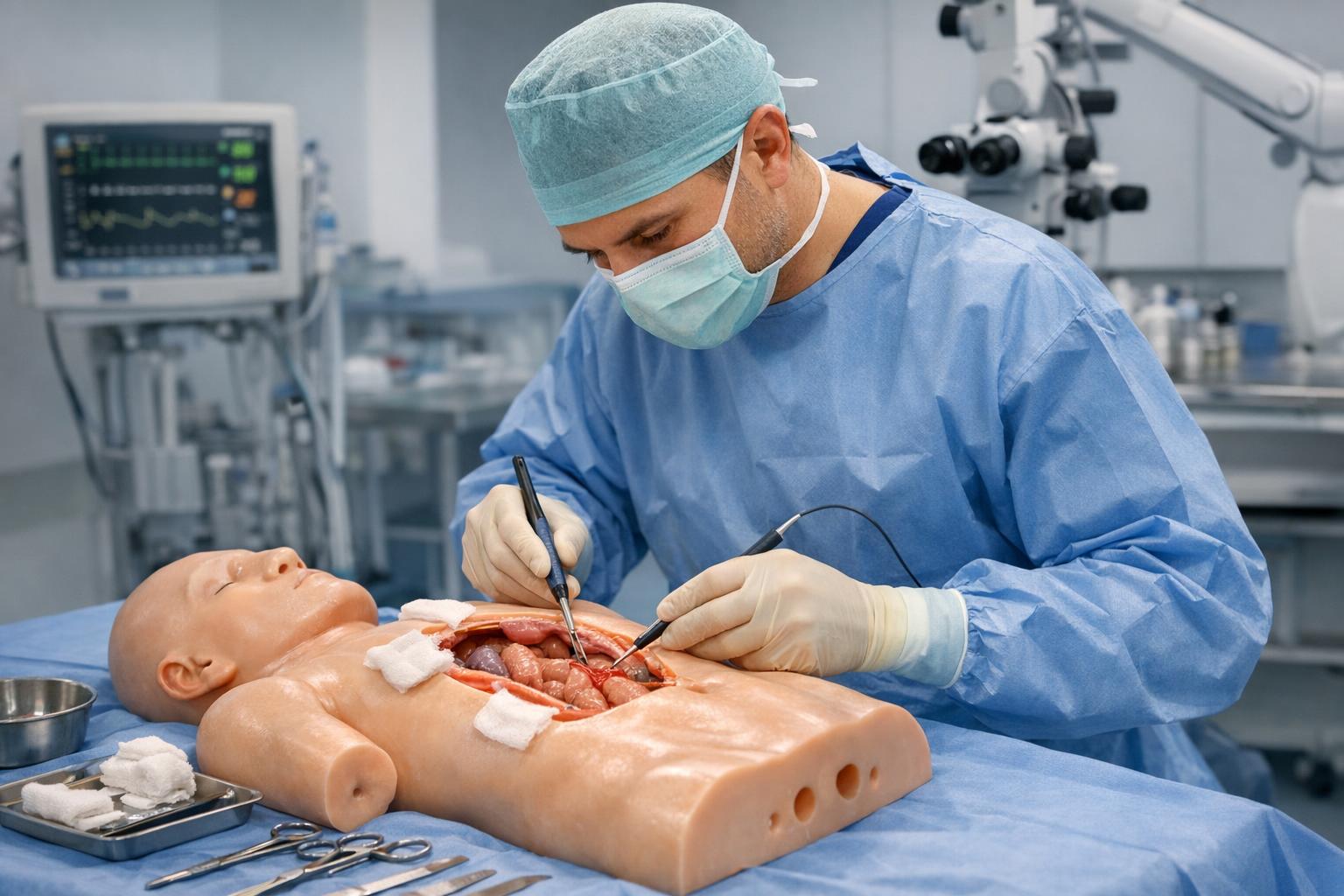 zdjęcie: chirurg trenujący na silikonowym modelu anatomicznym